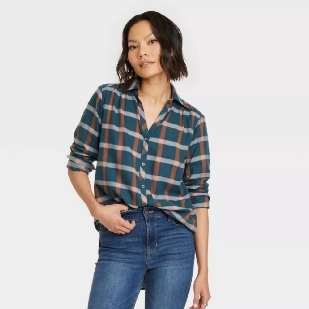 Knox Rose Long Sleeve Button-Down Tunic Shirt Womens Large Plaid Teal Green
